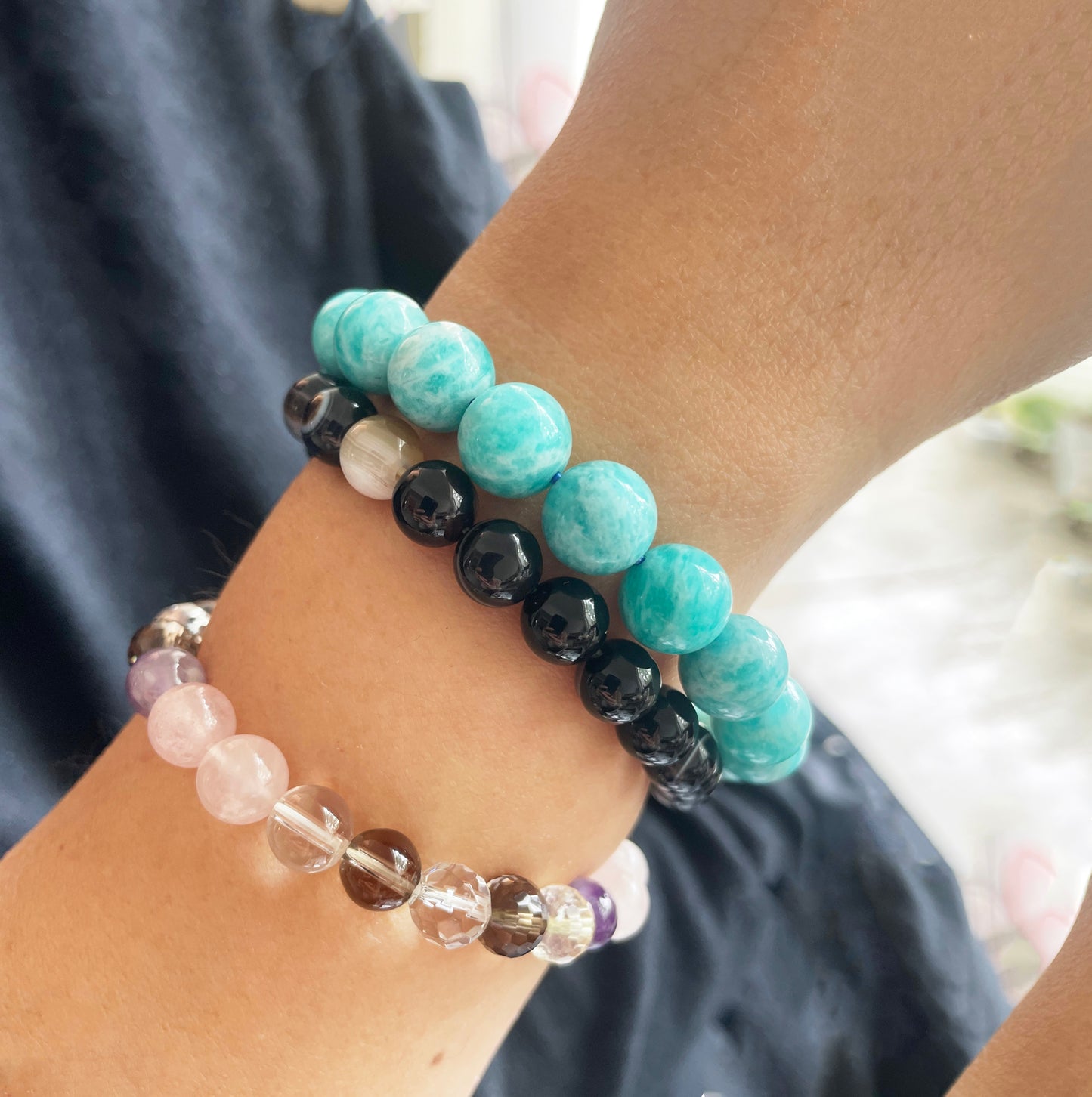 Rose Quartz, Amethyst, Clear Quartz, Citrine, Smoky Quartz and Obsidian Multi-Gemstone Bracelet