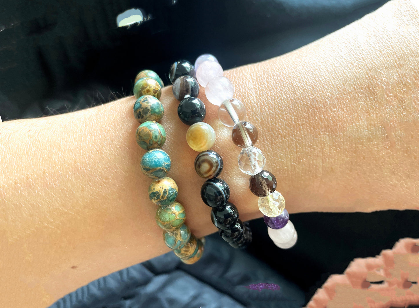 Rose Quartz, Amethyst, Clear Quartz, Citrine, Smoky Quartz and Obsidian Multi-Gemstone Bracelet