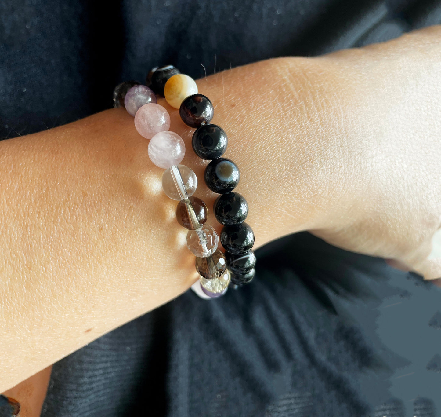 Rose Quartz, Amethyst, Clear Quartz, Citrine, Smoky Quartz and Obsidian Multi-Gemstone Bracelet